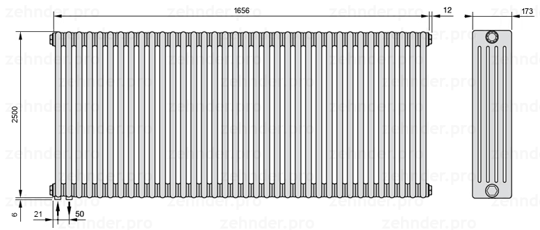 Схема (чертеж) Радиатор Zehnder Charleston 5250/36 №3370 Белый глянцевый RAL 9016
